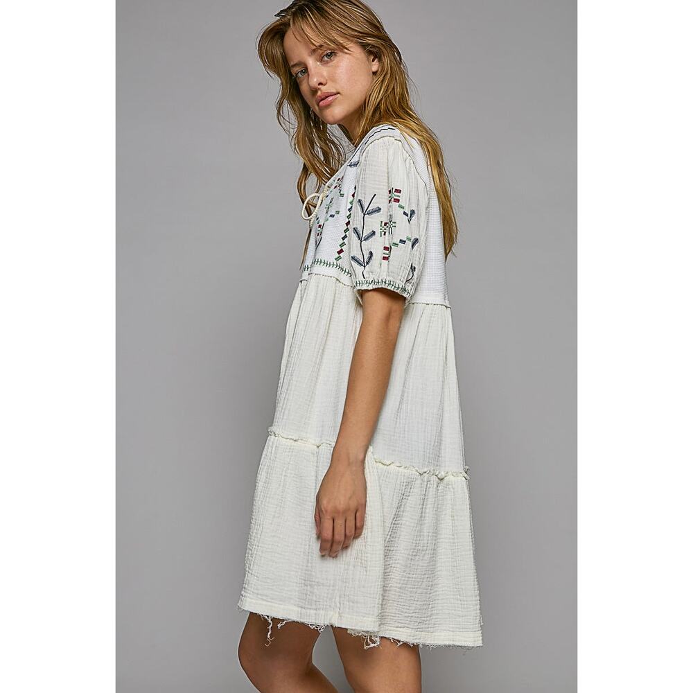 POL Ivory Embroidered Mini Dress Size L Boho Tassel Tie Balloon Sleeve - Picture 3 of 13